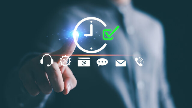 Modern concept of customer service and technical support with digital communication icons showing global connection, 24-7 availability, online help desk, and business technology solution.