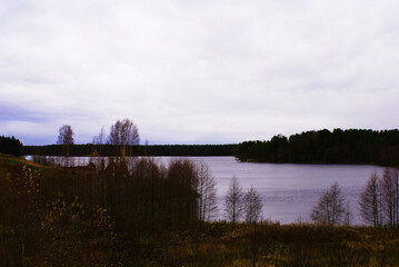 River with a turn and a pitchfork on a fortress, wildlife, background.