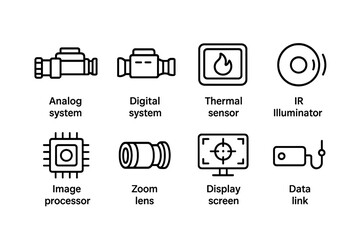 Night Vision Icons. Outline icon set of night vision technology: analog system, digital system, thermal sensor, IR illumination,