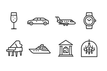 Noble Lifestyle Icons. Outline icon set of noble lifestyle: champagne glass, limousine, private jet, designer watch, grand piano,