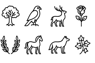 Noble House Icon Set. Outline icon set of noble house flora and fauna: oak tree, falcon, stag, rose, laurel leaves, horse, wolf,