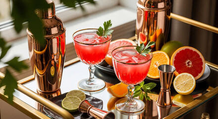 Two refreshing grapefruit cocktails garnished with parsley sit on a gold bar cart with copper cocktail shaker and jigger