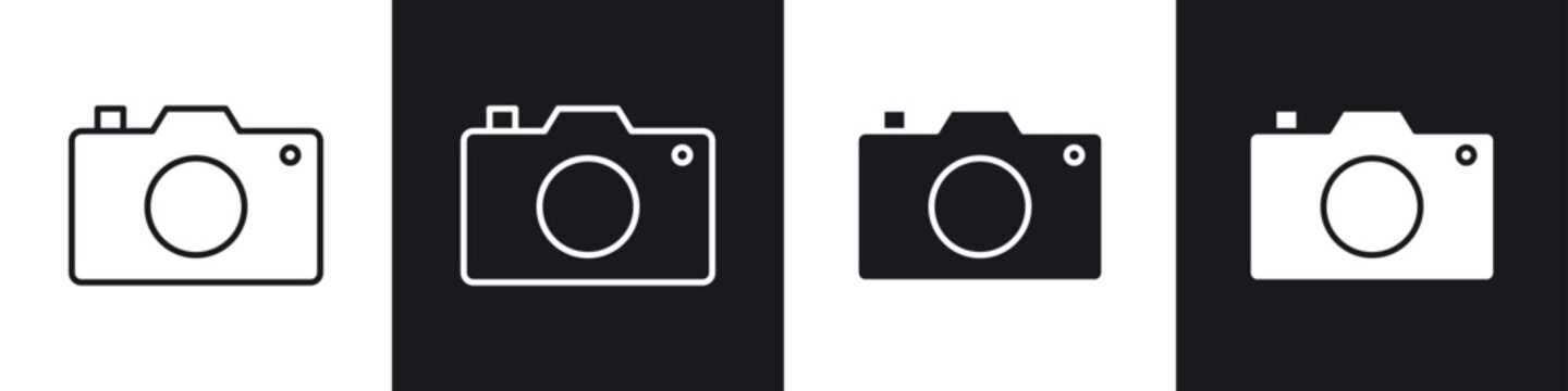 Camera icons collection in black and white filled and line versions