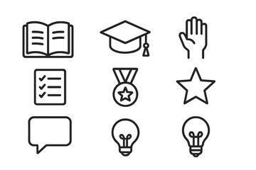Confidence Learning Icons. Outline icon set of confidence in learning: book, graduation cap, raised hand,