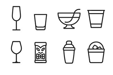 Party Glassware Icons. Outline icon set of party glassware: champagne flute, shot glass, punch bowl, plastic cup, wine goblet,
