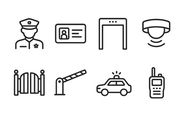 Physical Security Icons. Outline icon set of physical security: security guard, access card, metal detector, motion sensor,