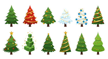 A diverse collection of twelve stylized Christmas trees, showcasing different decorations and designs for the holiday season.