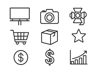 Advertising Icon Set. Outline icon set of advertising visuals: billboard, camera, spotlight, star, shopping