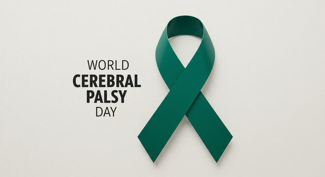A green ribbon symbolizes World Cerebral Palsy Day. The simple studio shot conveys awareness and support for those affected by cerebral palsy