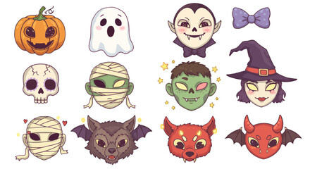 Cute cartoon Halloween characters set featuring pumpkin, ghost, vampire, skull, mummies, zombie, witch, werewolf, and devil.