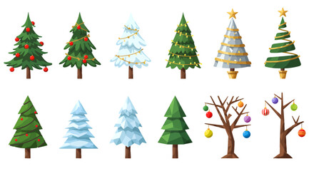 A collection of diverse Christmas tree illustrations, some decorated with ornaments and lights.