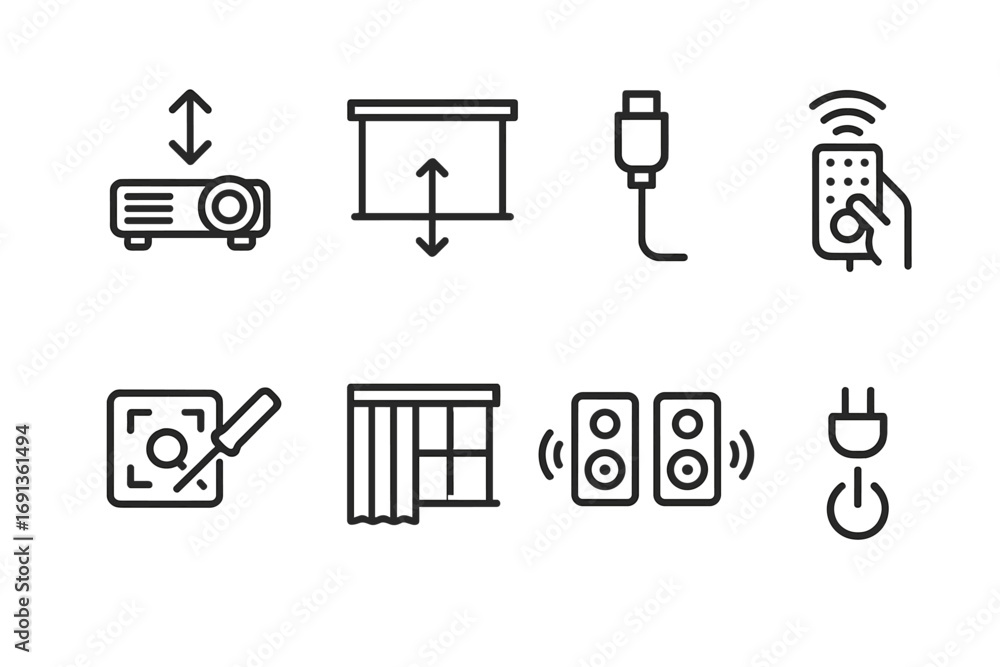 Poster projector setup icons. outline icon set of projector setup: positioning projector, adjusting screen,