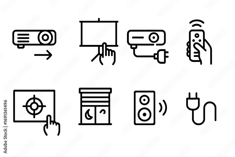 Poster projector setup icons. outline icon set of projector setup: positioning projector, adjusting screen,