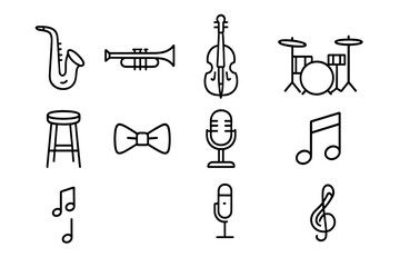Street Jazz Icons. Outline icon set of jazz on the street: saxophone, trumpet, double bass, drum set, stool,