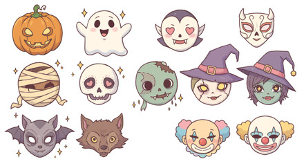 A charming collection of cute, kawaii-style Halloween character faces, including a pumpkin, ghost, vampire, witch, mummy, and clown.