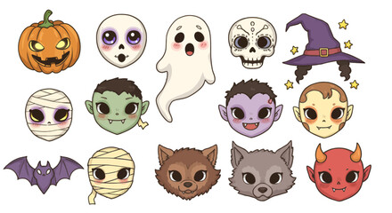 A collection of cute cartoon Halloween characters and spooky elements including pumpkins, ghosts, mummies, vampires, werewolves, and witches' hats.