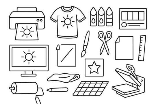 Printing Tools Icons. Hand-drawn doodle illustration personalized printing process printer, t-shirt, ink cartridges, color palette