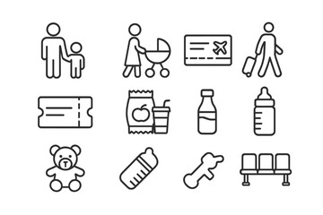 Fototapeta premium Travel Essentials Icons. Outline icon set of traveling families: parent with child, stroller, suitcase,