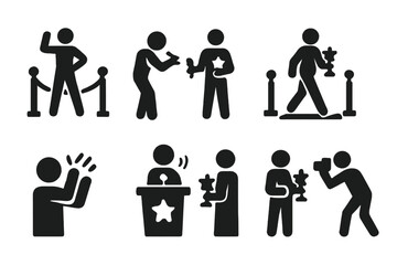 Fototapeta premium Red Carpet Icons. Solid, filled icon set of red carpet event activities: posing, autograph signing, interviews, walking,