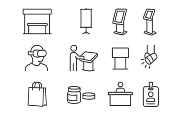 Experiential Booth Icons. Outline icon set of experiential marketing booths: trade show stand, banner display, digital kiosk, VR