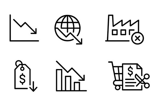 Recession Indicator Icons. Outline icon set of recession indicators: downward trend, slow economy, closed factories, reduced sales