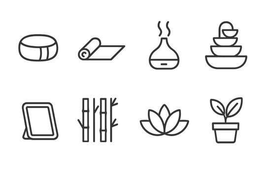 Wellness Icons Grid. Outline icon set of wellness spaces: meditation cushion, yoga mat, aromatherapy diffuser,