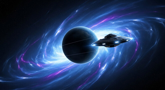 A sleek, futuristic spaceship hovers near a dark, ringed planet, surrounded by a vibrant blue and purple nebula