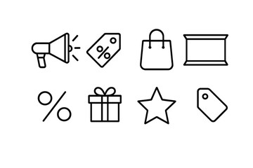 Promo Icon Set. Outline icon set of promo banner design: megaphone, discount tag, shopping bag, banner frame,