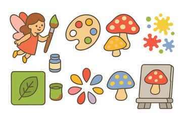 Fototapeta premium Fairy Painting Mushrooms. Flat vector mini-illustrations Fairy painting mushroom caps in colors children's illustrations: fairy