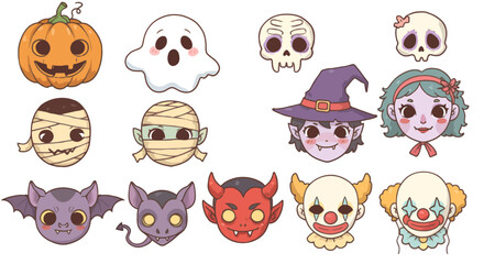 A collection of cute cartoon Halloween character heads and icons including pumpkins, ghosts, skulls, mummies, witches, vampires, devils, and clowns.