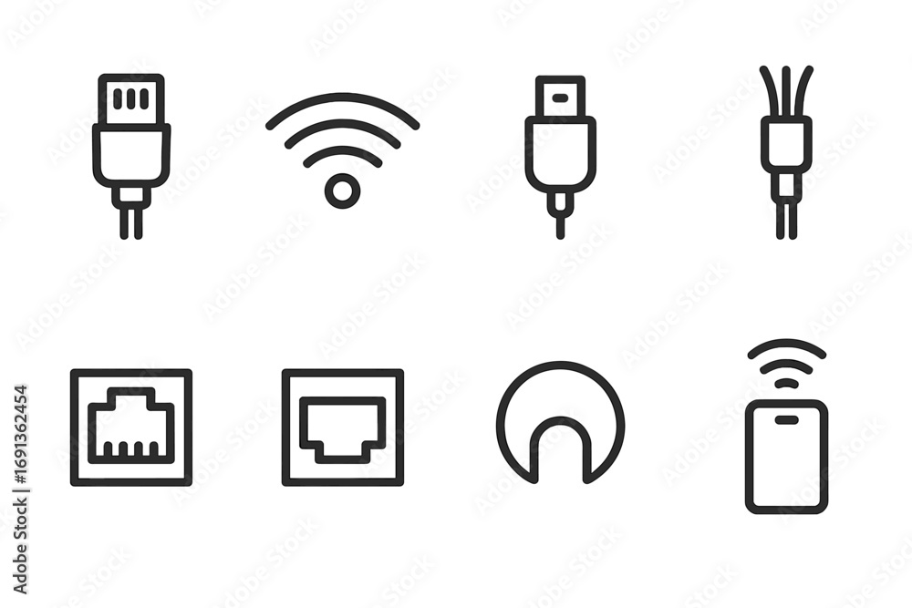 Poster router connection icons. outline icon set of router connections: ethernet cable, wi-fi signal, usb c