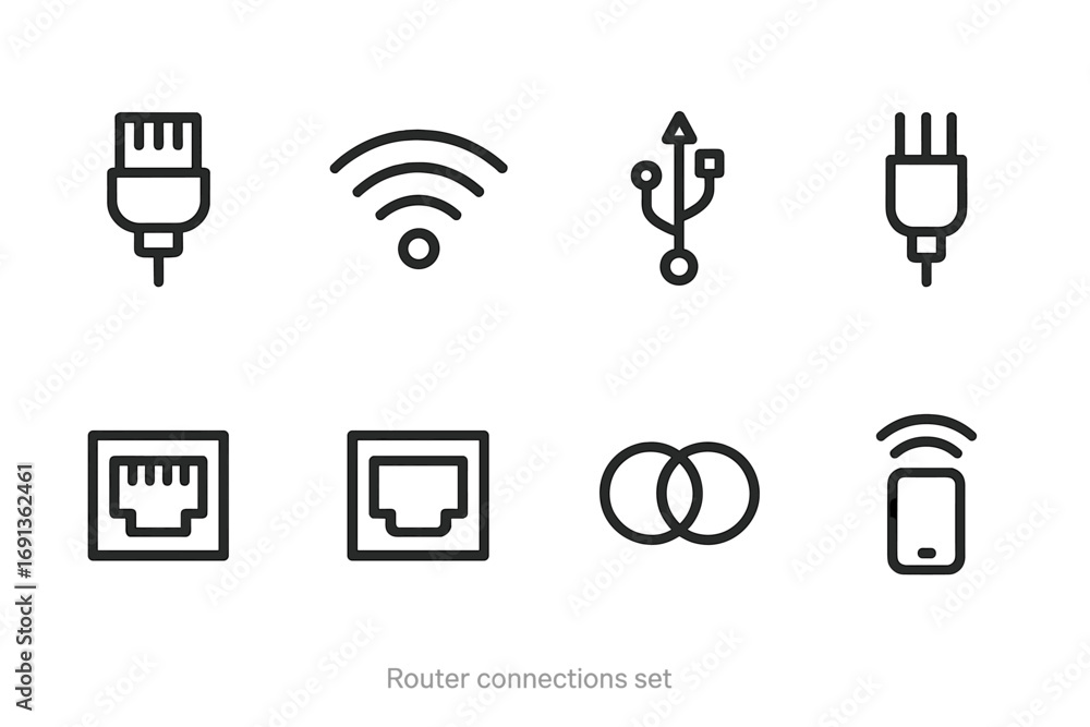 Poster router connection icons. outline icon set of router connections: ethernet cable, wi-fi signal, usb c