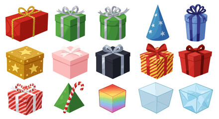 Collection of colorful gifts, party hat, and geometric shapes.