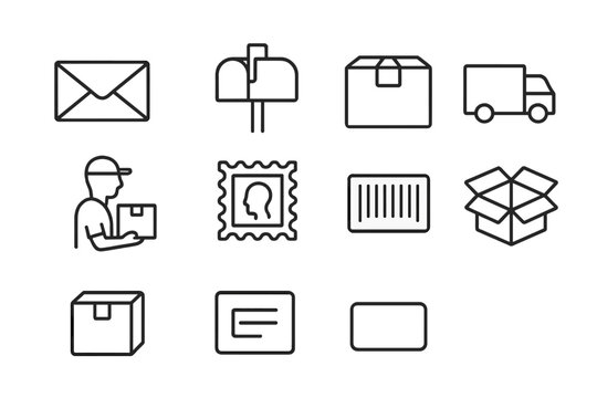 Postal Service Icons. Outline icon set of postal services: envelope, mailbox, parcel box, delivery truck,