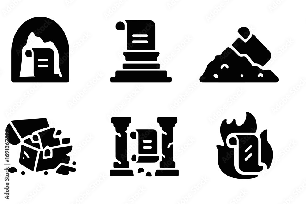 Poster scroll icon collection. solid, filled icon set of scroll discovery scenes: scroll in cave, scroll on