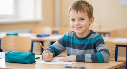 A young boy is smiling and writing at his desk in a classroom. The scene depicts a child in an educational environment, engaging in an activity