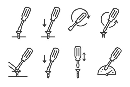 Screwdriver Icon Set. Outline icon set of screwdriver actions: tightening, loosening, rotating clockwise, rotating