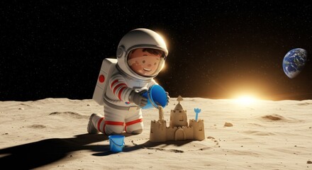 A cheerful cartoon astronaut creates a sandcastle on the moon, Earth visible and a radiant sunrise, symbolizing imaginative play and cosmic exploration