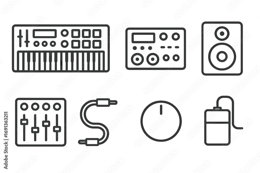 Poster sequencer hardware icons. outline icon set of sequencer hardware: midi controller, drum machine, aud