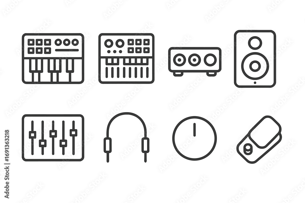 Poster sequencer hardware icons. outline icon set of sequencer hardware: midi controller, drum machine, aud