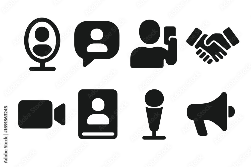 Poster self-introduction icon set. solid, filled icon set of self-introduction: mirror, speech bubble, self