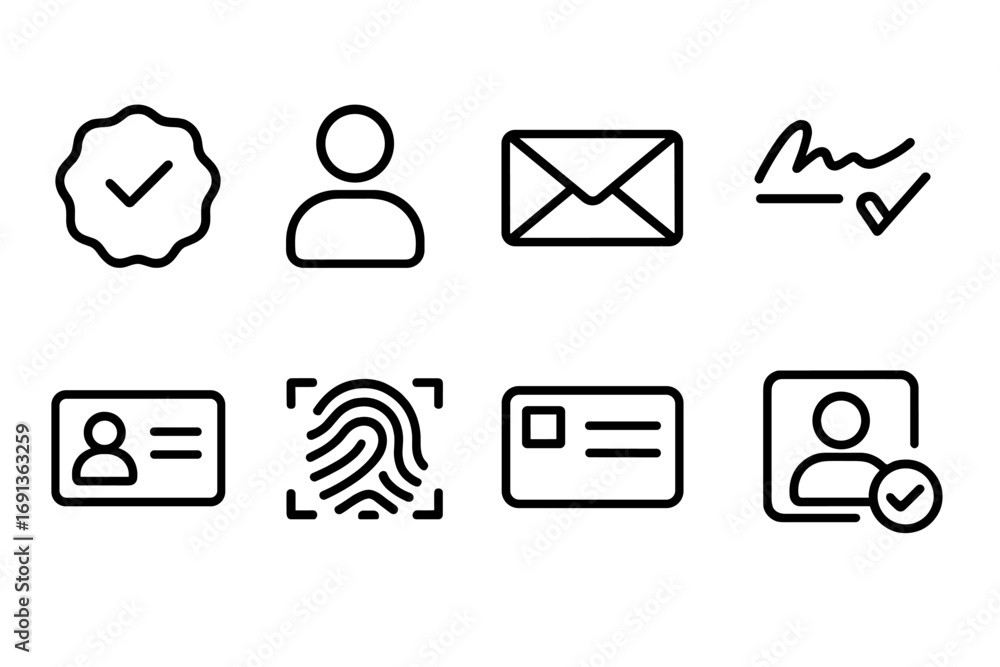 Poster sender verification icons. outline icon set of sender verification: verified badge, user profile, ma