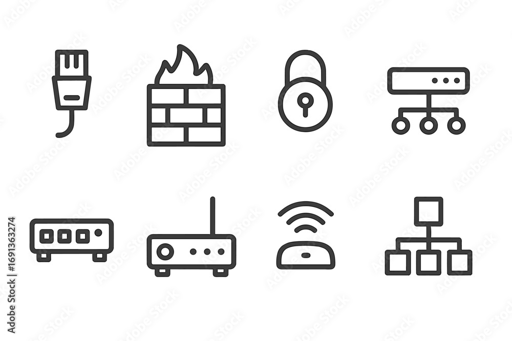 Poster server networking icons. outline icon set of server networking: ethernet cable, firewall, vpn, load 