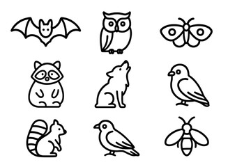 Fototapeta premium Nocturnal Creatures Icons. Outline icon set of nocturnal migrations: bats, owls, moths, hedgehogs, raccoons,
