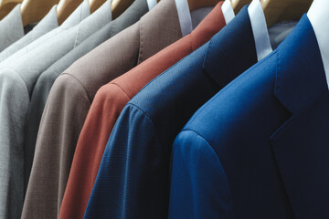 Obraz premium Row of suits hanging on a rack, with the blue suit on the far right. The suits are all different colors, and they are all hanging on the same rack