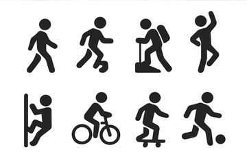 Shoe Activity Icons. Solid, filled icon set of shoe-related activities: walking, running, hiking, dancing, climbing, cycling,