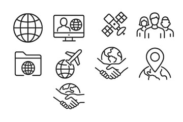 Global Collaboration Icons. Outline icon set of global academic collaborations: globe, video call, satellite,
