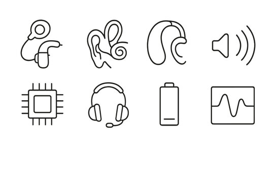 Hearing Implant Icons. Outline icon set of hearing implants: cochlear implant, ear canal diagram, hearing aid,