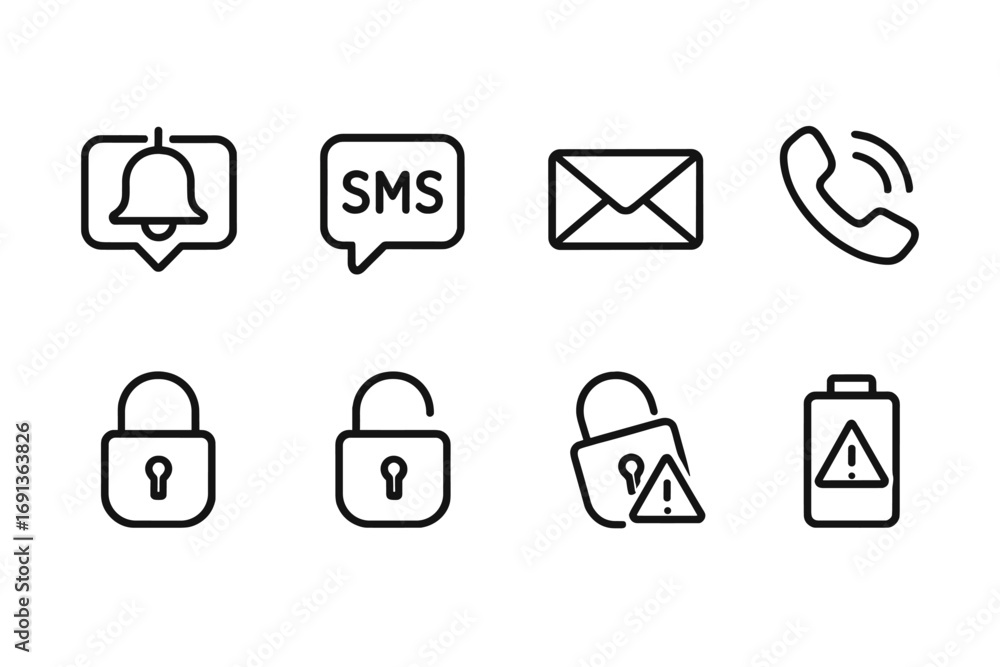 Poster smart lock icons set. outline icon set of smart lock notifications: push notification, sms alert, em