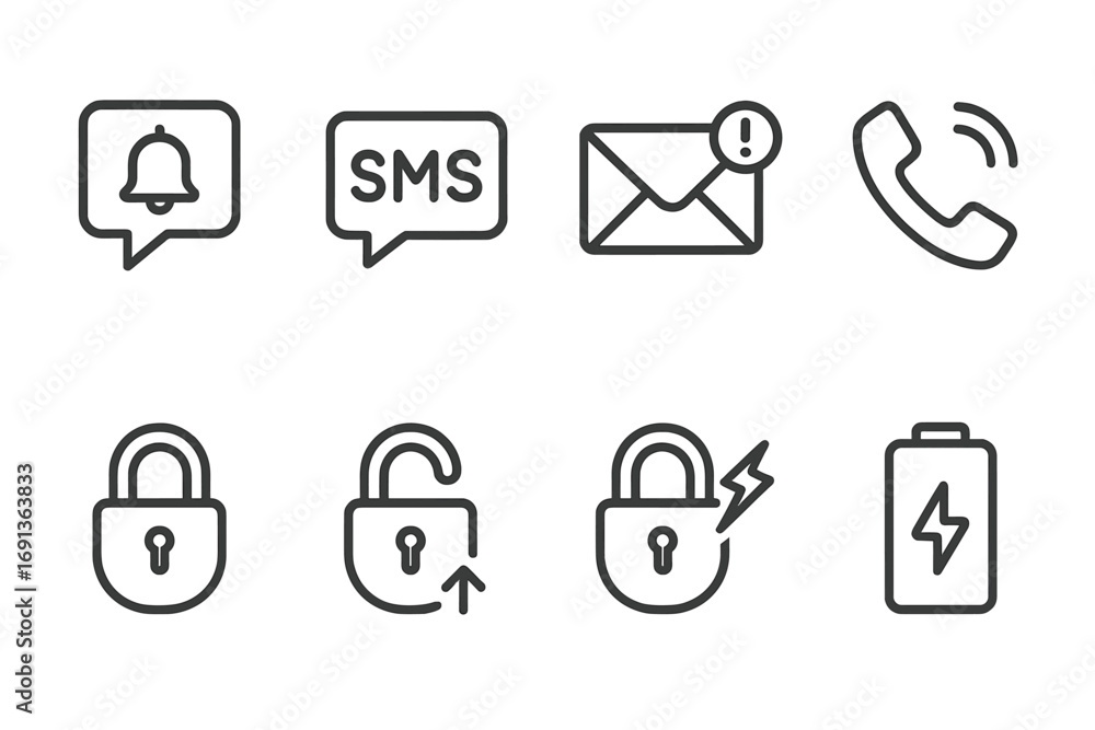 Poster smart lock icons set. outline icon set of smart lock notifications: push notification, sms alert, em